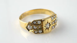 Antique Victorian 18ct Yellow Gold Pearl & Diamond Cluster Ring - 1883/Chester - Fox Jewellery
