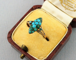 Antique Victorian Pave 9ct Gold Turquoise Navette Ring - Fox Jewellery