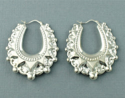 Large 925 Silver Victorian Style Spiked Oval Creole Earrings - Fox Jewellery