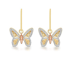9ct Yellow, White, Rose Gold Butterfly Earrings Drop Earrings - Fox Jewellery