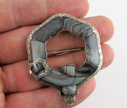 Stunning Fine Antique Victorian Silver Scottish Montrose Agate Brooch / Pin - Fox Jewellery