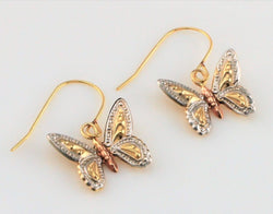 9ct Yellow, White, Rose Gold Butterfly Earrings Drop Earrings - Fox Jewellery