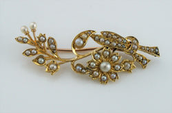 Fine Antique Edwardian Yellow Gold & Seed Pearls Floral Spray Brooch - Fox Jewellery
