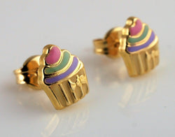 9ct Gold Enamel Cupcake Kids Stud Earrings - Fox Jewellery
