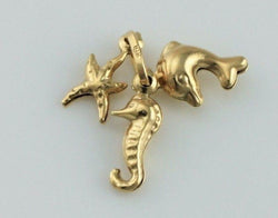 9ct Gold Yellow Seaside Beach Pendant - Dolphin, Starfish & Seahorse - Fox Jewellery