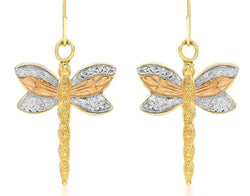 9ct Yellow, White, Rose Gold Dragonfly Earrings Drop Earrings - Fox Jewellery