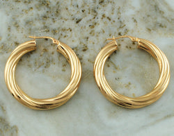 9ct Gold Chunky Twisted Round Hoop Creole Earrings 35mm - Fox Jewellery