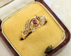 Victorian 18ct Yellow Gold Ruby Diamond & Pearl Ring - Fox Jewellery