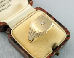 Vintage 9ct Gold Diamond Mens Signet Ring - Fox Jewellery
