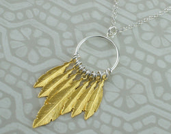 925 Sterling Silver Gold Plated Dreamcatcher Feathers Pendant Necklace - Fox Jewellery