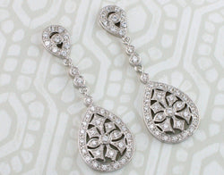 Art Deco Style Solid Silver Pear Shaped CZ Large Drop Earrings - Fox Jewellery