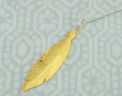 925 Sterling Silver Gold Plated Feather Pendant Long Necklace - Fox Jewellery