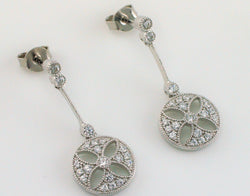 Fine Art Deco Style Solid Silver Circle Flower Shaped CZ Drop Earrings - Fox Jewellery