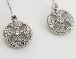 Fine Art Deco Style Solid Silver Circle Flower Shaped CZ Drop Earrings - Fox Jewellery