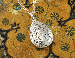 925 Sterling Silver Filigree Teardrop Pendant Necklace -Adjustable Chain - Fox Jewellery