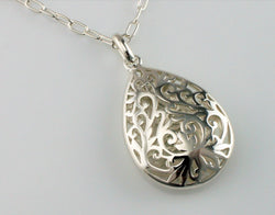 925 Sterling Silver Filigree Teardrop Pendant Necklace -Adjustable Chain - Fox Jewellery