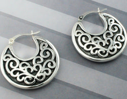 925 Sterling Silver Oxidized Antique Style Patterned Creole Earrings - Fox Jewellery