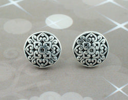 925 Sterling Silver Oxidized Antique Style Patterned Button Stud Earrings - Fox Jewellery