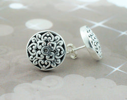 925 Sterling Silver Oxidized Antique Style Patterned Button Stud Earrings - Fox Jewellery