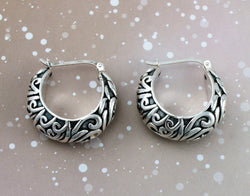 925 Sterling Silver Oxidized Antique Style Patterned Creole Earrings - Fox Jewellery
