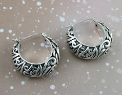 925 Sterling Silver Oxidized Antique Style Patterned Creole Earrings - Fox Jewellery