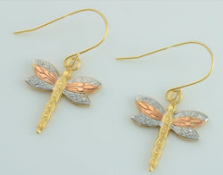 9ct Yellow, White, Rose Gold Dragonfly Earrings Drop Earrings - Fox Jewellery