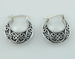 925 Sterling Silver Oxidized Antique Style Patterned Creole Earrings - Fox Jewellery