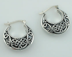 925 Sterling Silver Oxidized Antique Style Patterned Creole Earrings - Fox Jewellery
