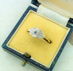Antique Art Deco Yellow Gold Platinum Sapphire and Diamond Ring - Fox Jewellery