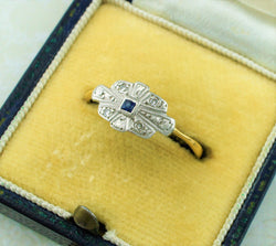 Antique Art Deco Yellow Gold Platinum Sapphire and Diamond Ring - Fox Jewellery
