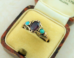 Antique Late Georgian Gold Ring Set with Garnet & Turquoise - Fox Jewellery