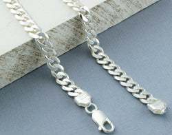 Heavy 925 Solid Sterling Silver Diamond Cut Curb Chain Necklace 7.5mm - Fox Jewellery