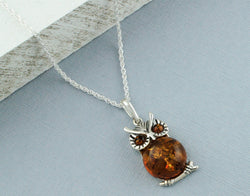 925 Sterling Silver Baltic Amber Owl Pendant Chain Necklace 24" - Fox Jewellery