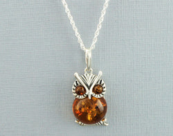 925 Sterling Silver Baltic Amber Owl Pendant Chain Necklace 24" - Fox Jewellery
