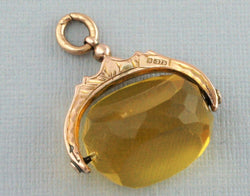 Fine Antique 9ct Gold & Citrine Swivel Spinner Watch Fob Pendant - 1913 - Fox Jewellery