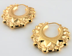 9ct Yellow Gold Victorian Style Spiked Round Creole Hoop Earrings - Fox Jewellery