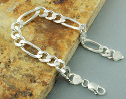 925 Sterling Silver Figaro Chain Bracelet 8.4mm / 8.5 Inch - Fox Jewellery