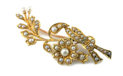 Fine Antique Edwardian Yellow Gold & Seed Pearls Floral Spray Brooch - Fox Jewellery