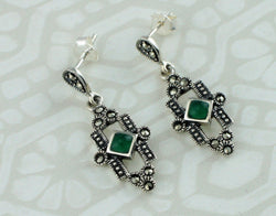 Art Deco Style 925 Sterling Silver Green Agate & Marcasite Drop Earrings - Fox Jewellery