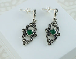 Art Deco Style 925 Sterling Silver Green Agate & Marcasite Drop Earrings - Fox Jewellery