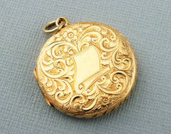 Fine Antique Edwardian 15ct Gold Engraved Circular Locket Pendant - 1910 - Fox Jewellery