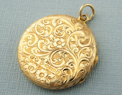 Fine Antique Edwardian 15ct Gold Engraved Circular Locket Pendant - 1910 - Fox Jewellery