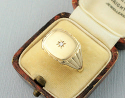 Vintage 9ct Gold Diamond Mens Signet Ring - Fox Jewellery