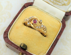 Victorian 18ct Yellow Gold Ruby Diamond & Pearl Ring - Fox Jewellery