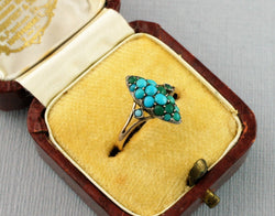 Antique Victorian Pave 9ct Gold Turquoise Navette Ring - Fox Jewellery