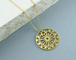 925 Sterling Silver Sun & Stars Disc Pendant Necklace - Fox Jewellery