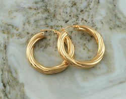 9ct Gold Chunky Twisted Round Hoop Creole Earrings 35mm - Fox Jewellery